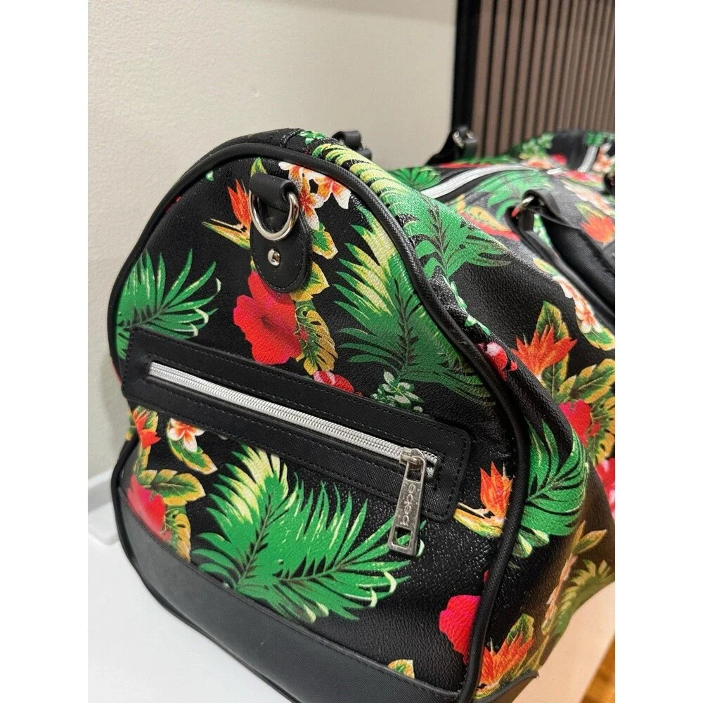 Bebe Floral Duffle Bag 22 x 9 Inch Tropical Print On Black Detachable Strap